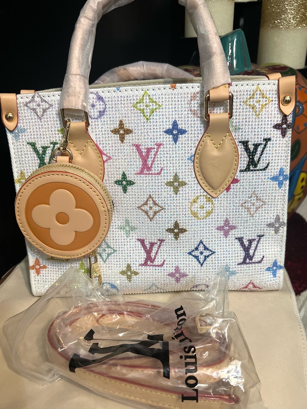 Luxury Designer White Multicolor Crystal Sparkly Monogram Tote with bag charm-